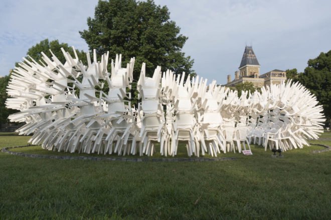 URCHIN pavilion by CODA, temporary arts pavilion, plastic chair pavilion, recyclable pavilion, Cornell Council for the Arts, Cornell Council for the Arts 2016 Biennial, Cornell University Arts Quad, plastic chair art