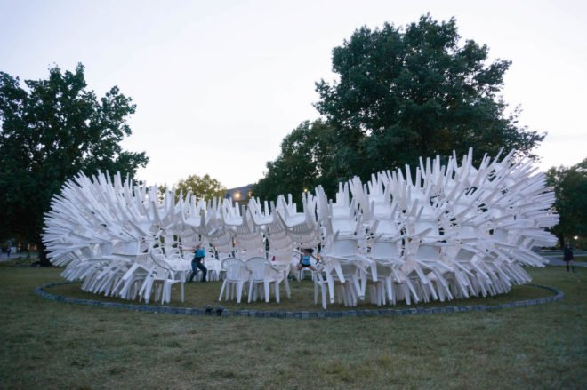 URCHIN pavilion by CODA, temporary arts pavilion, plastic chair pavilion, recyclable pavilion, Cornell Council for the Arts, Cornell Council for the Arts 2016 Biennial, Cornell University Arts Quad, plastic chair art
