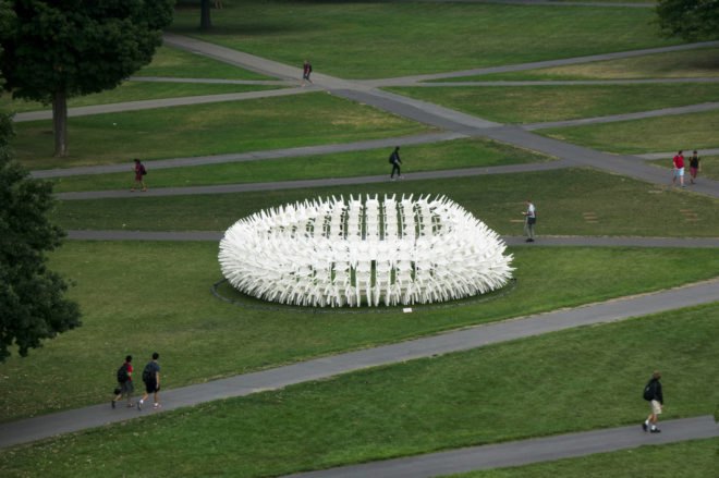 URCHIN pavilion by CODA, temporary arts pavilion, plastic chair pavilion, recyclable pavilion, Cornell Council for the Arts, Cornell Council for the Arts 2016 Biennial, Cornell University Arts Quad, plastic chair art