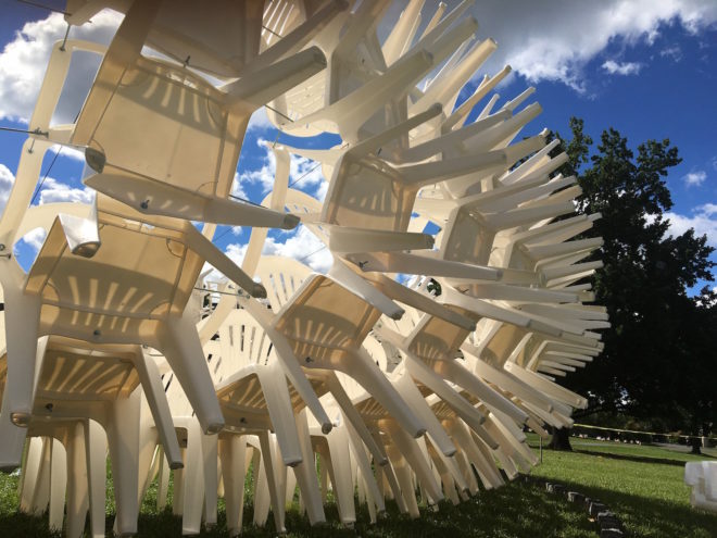URCHIN pavilion by CODA, temporary arts pavilion, plastic chair pavilion, recyclable pavilion, Cornell Council for the Arts, Cornell Council for the Arts 2016 Biennial, Cornell University Arts Quad, plastic chair art