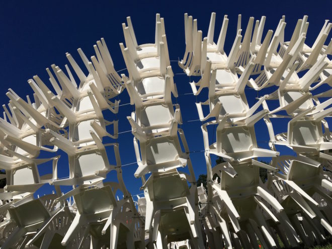 URCHIN pavilion by CODA, temporary arts pavilion, plastic chair pavilion, recyclable pavilion, Cornell Council for the Arts, Cornell Council for the Arts 2016 Biennial, Cornell University Arts Quad, plastic chair art