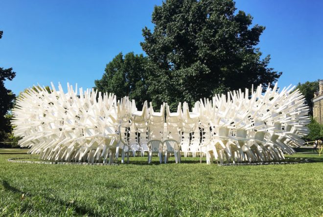 URCHIN pavilion by CODA, temporary arts pavilion, plastic chair pavilion, recyclable pavilion, Cornell Council for the Arts, Cornell Council for the Arts 2016 Biennial, Cornell University Arts Quad, plastic chair art
