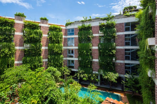vietnam, Vo Trong Nghia Architects, vtn architects, vtn, atlas hotel, swimming pool, live plants, green wall, living green wall, green facade, tropical plants, hotel amenities