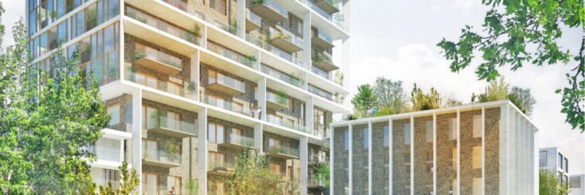 Vertical Village by C.F. Møller, Vertical Village in Antwerp, Nieuw Zuid architecture, Nieuw Zuid residence, neighborhood in a high-rise, Brut Vertical Village, Antwerp mixed use residence tower, passive house residential tower,