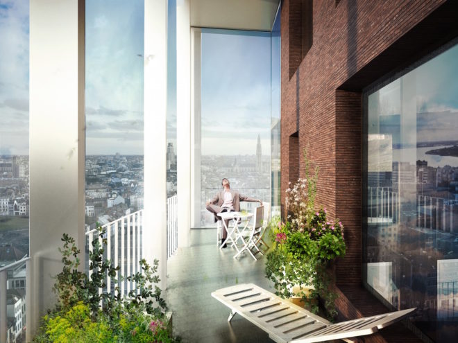 Vertical Village by C.F. Møller, Vertical Village in Antwerp, Nieuw Zuid architecture, Nieuw Zuid residence, neighborhood in a high-rise, Brut Vertical Village, Antwerp mixed use residence tower, passive house residential tower,