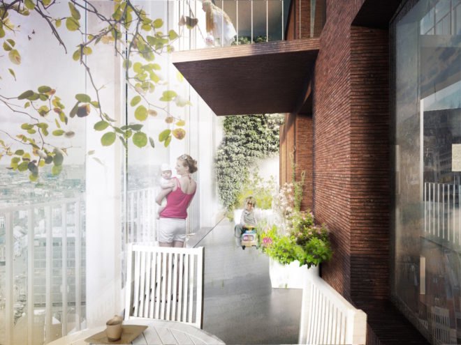 Vertical Village by C.F. Møller, Vertical Village in Antwerp, Nieuw Zuid architecture, Nieuw Zuid residence, neighborhood in a high-rise, Brut Vertical Village, Antwerp mixed use residence tower, passive house residential tower,