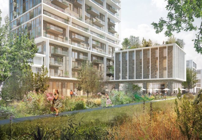Vertical Village by C.F. Møller, Vertical Village in Antwerp, Nieuw Zuid architecture, Nieuw Zuid residence, neighborhood in a high-rise, Brut Vertical Village, Antwerp mixed use residence tower, passive house residential tower,