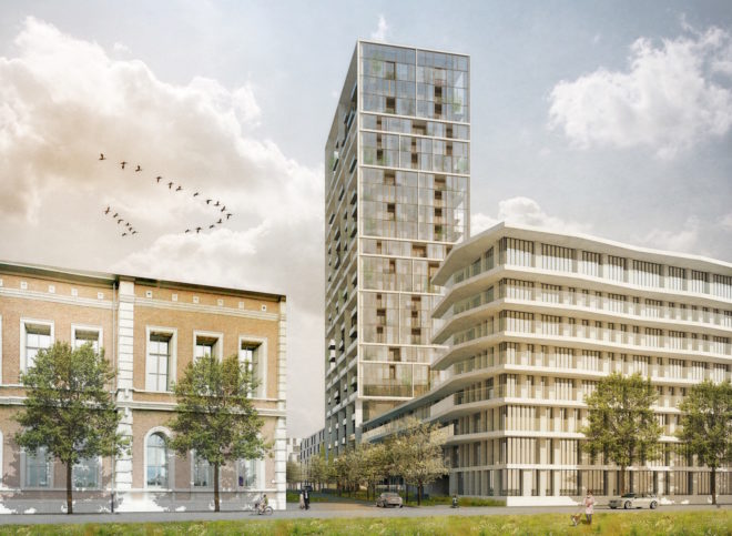 Vertical Village by C.F. Møller, Vertical Village in Antwerp, Nieuw Zuid architecture, Nieuw Zuid residence, neighborhood in a high-rise, Brut Vertical Village, Antwerp mixed use residence tower, passive house residential tower,