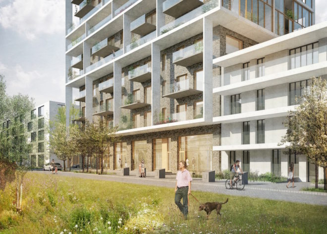 Vertical Village by C.F. Møller, Vertical Village in Antwerp, Nieuw Zuid architecture, Nieuw Zuid residence, neighborhood in a high-rise, Brut Vertical Village, Antwerp mixed use residence tower, passive house residential tower,