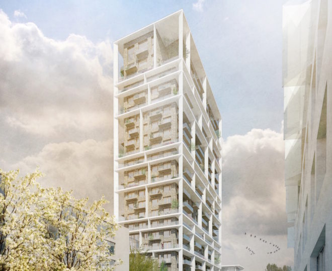 Vertical Village by C.F. Møller, Vertical Village in Antwerp, Nieuw Zuid architecture, Nieuw Zuid residence, neighborhood in a high-rise, Brut Vertical Village, Antwerp mixed use residence tower, passive house residential tower,