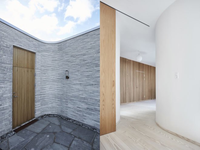 Villa Platan by ADEPT, Villa by the Sea by ADEPT, Kattegat sea architecture, Kolumba brick architecture, curved Kolumba brick, curved bricks, bespoke brick architecture, gray brick house, green-roofed Danish architecture