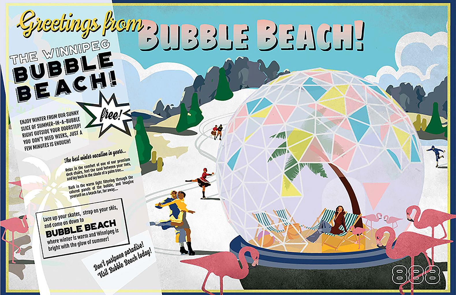 Warming Huts 2017, Warming Huts, hut, huts, hut installation, installation, Winnipeg, Canada, winter, winter weather, Team 888, Greetings From Bubble Beach by Team 888, Greetings From Bubble Beach, Bubble Beach, geodesic dome, dome