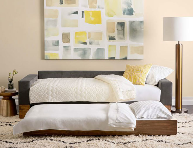 springhill suites, marriott, west elm, west elm springhill suites, transforming furniture, pull out bed, daybed, small space design, west elm daybed, green design, recycled wood furniture, eco design, transforming bed