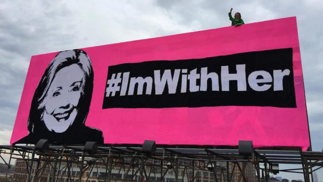 hillary clinton, 2016 presidential election, united states election, 2016 presidential race, #imwithher, olek, crochet, fiber art, crochet mural, crochet blanket, billboard, political art, art installation