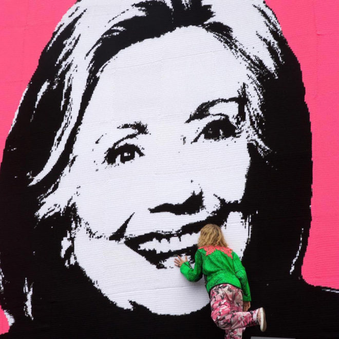 hillary clinton, 2016 presidential election, united states election, 2016 presidential race, #imwithher, olek, crochet, fiber art, crochet mural, crochet blanket, billboard, political art, art installation