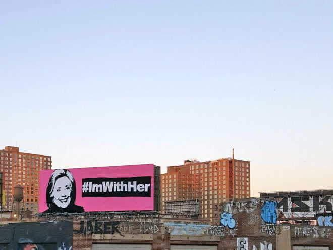 hillary clinton, 2016 presidential election, united states election, 2016 presidential race, #imwithher, olek, crochet, fiber art, crochet mural, crochet blanket, billboard, political art, art installation
