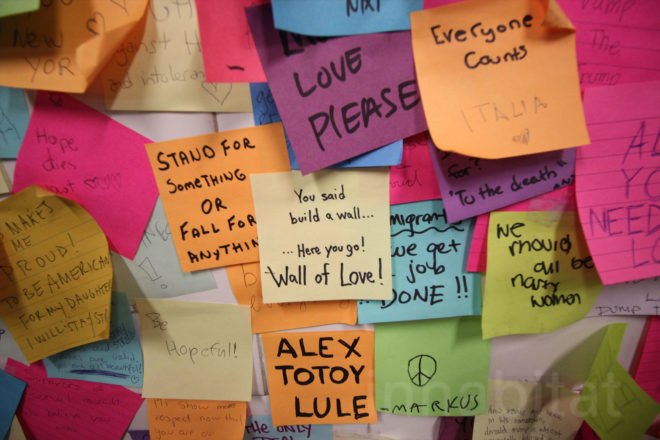 subway post it notes, subway therapy, donald trump election, donald trump, subway sticky notes, wall of post it notes, union square sticky notes, subway post it wall, election therapy, therapy wall, nyc art, union square