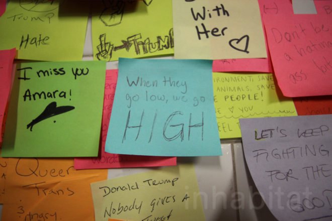 subway post it notes, subway therapy, donald trump election, donald trump, subway sticky notes, wall of post it notes, union square sticky notes, subway post it wall, election therapy, therapy wall, nyc art, union square