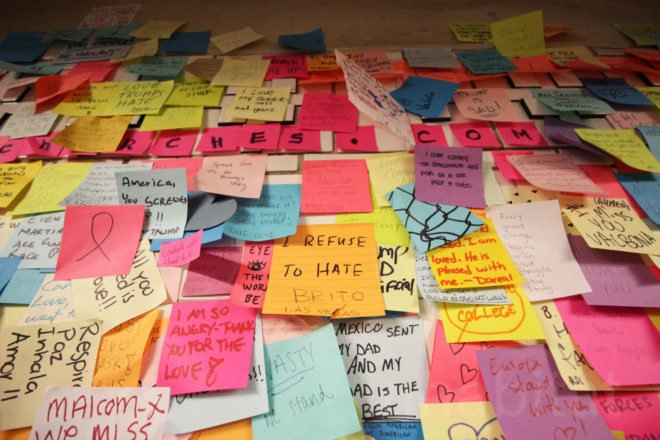 subway post it notes, subway therapy, donald trump election, donald trump, subway sticky notes, wall of post it notes, union square sticky notes, subway post it wall, election therapy, therapy wall, nyc art, union square
