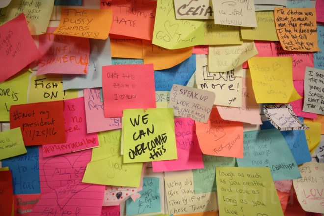 subway post it notes, subway therapy, donald trump election, donald trump, subway sticky notes, wall of post it notes, union square sticky notes, subway post it wall, election therapy, therapy wall, nyc art, union square