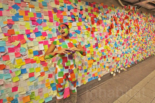 ish peralta, emmy vega, subway post it notes, subway therapy, donald trump election, donald trump, subway sticky notes, wall of post it notes, union square sticky notes, subway post it wall, election therapy, therapy wall, nyc art, union square