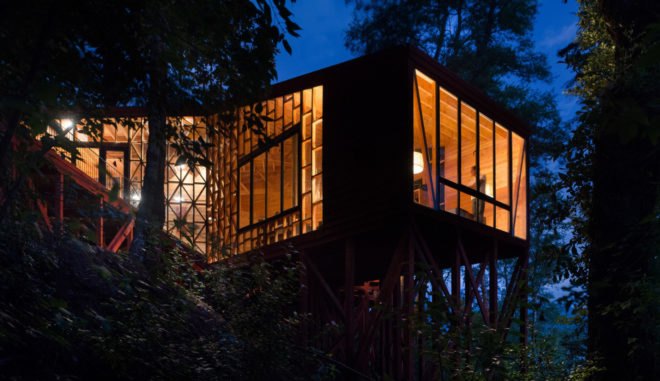 2y House, Sebastian Irarrazaval Arquitectos, treehouse, Chile, Santiago, timber cladding, natural light, wooden screens, concrete, locally sourced timber, green architecture