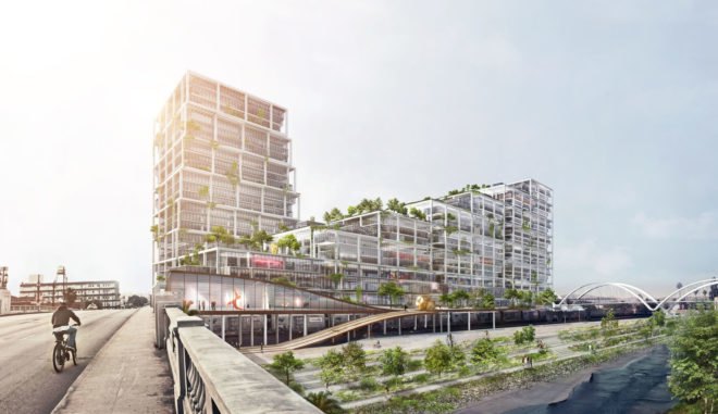 BIG Architects, mixed-use building, 670 Mesquit by BIG, concrete, Los Angeles, flexible spaces, green architecture, mezzanine, Bjarke Ingels, office spaces, retail spaces