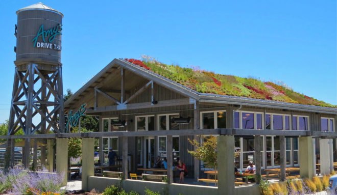 Amy's Kitchen Drive-Thru Restaurant, green-roofed vegetarian restaurant, restaurant serving non-GMO food, healthy food drive thru in San Francisco