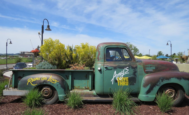 Amy's Kitchen Drive-Thru Restaurant, green roof, vegetarian restaurant, non-GMO food, GMO food, healthy food, organic food, drive thru, San Francisco, rainwater harvesting, storm water, drought-resistant plants, solar array, solar panels, green architecture