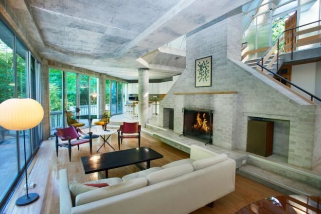 John Black Lee, skylight home, the Sixth of the Harvard Five, Silvermine River home, 160 Mill Road, new canaan, connecticut real estate, modernist architects, glass home design, New Canaan glass homes, New Canaan architecture, brutalist character, glass and concrete homes,