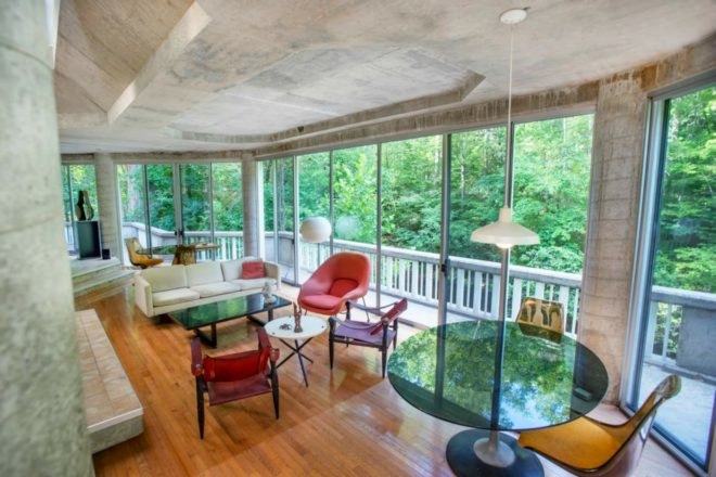 John Black Lee, skylight home, the Sixth of the Harvard Five, Silvermine River home, 160 Mill Road, new canaan, connecticut real estate, modernist architects, glass home design, New Canaan glass homes, New Canaan architecture, brutalist character, glass and concrete homes,