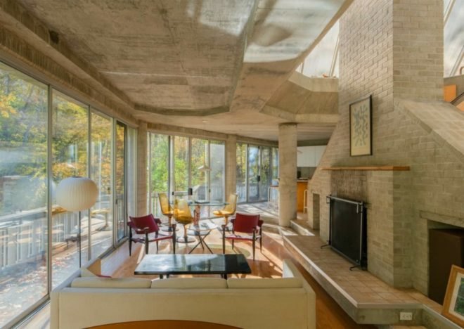 John Black Lee, skylight home, the Sixth of the Harvard Five, Silvermine River home, 160 Mill Road, new canaan, connecticut real estate, modernist architects, glass home design, New Canaan glass homes, New Canaan architecture, brutalist character, glass and concrete homes,