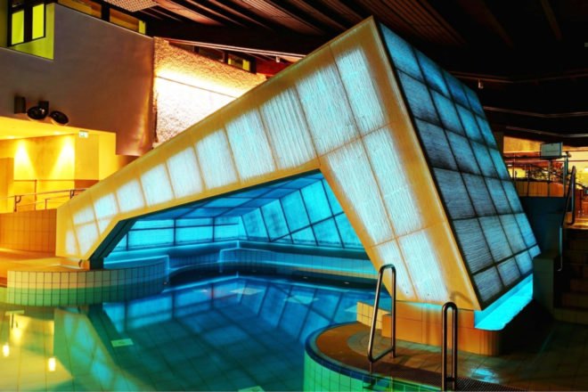 Krieger Architects Engineers, Obermaintherme, Thermal Baths, Light Transmitting Concrete, LUCEM light transmitting concrete , Bad Staffelstein, Bavaria thermal baths, natural stone pools, thermal bath design, urban design, translucent concrete, LED modules