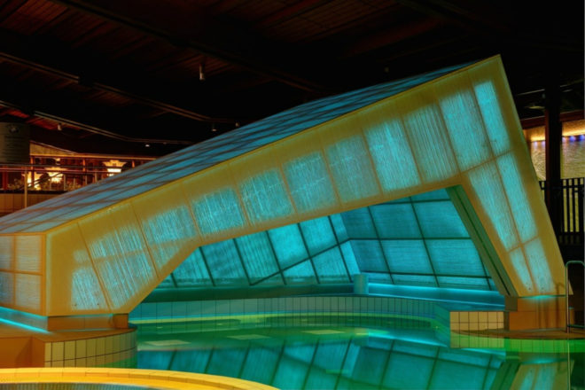 Krieger Architects Engineers, Obermaintherme, Thermal Baths, Light Transmitting Concrete, LUCEM light transmitting concrete , Bad Staffelstein, Bavaria thermal baths, natural stone pools, thermal bath design, urban design, translucent concrete, LED modules
