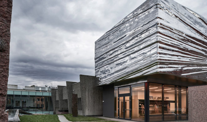 Snøhetta, Lillehammer Art Museum and Lillehammer Cinema, green extension, museum extension, stainless steel, Bård Breivik, green renovation, glass facade, transparent facade, auditorium