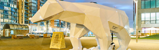 manchester, polar bear, polar bear sculpture, public art, leds, solar powered art, lazerian, new bailey, polo the polar bear