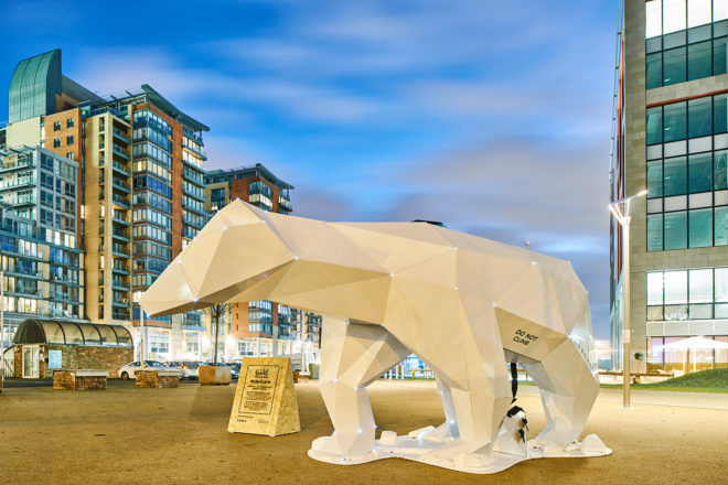 manchester, polar bear, polar bear sculpture, public art, leds, solar powered art, lazerian, new bailey, polo the polar bear