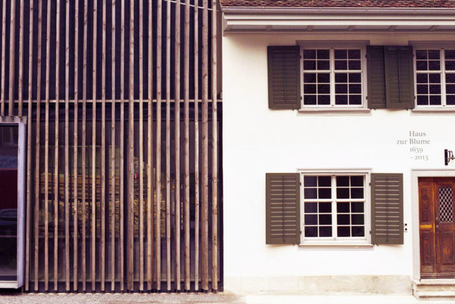 Marazzi Reinhardt, wooden façade, green home extension, Haus Zur Blume, historical home extension, Switzerland, slatted wooden façade, modern extension