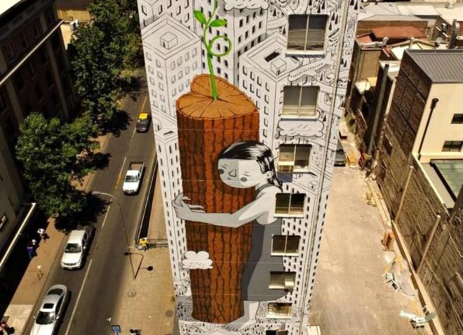 Francesco Camillo Giogino, Millo, street art, eco street art, tree hugger street art, tree hugger mural, Hecho En Casa festival, murals, street art, tree art, tree huggers, Janet Echelman, Edgar Müller, Henk Hofstra