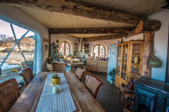 Nature House, Nature House by Benjamin and Ingrid Hjertefølger, Benjamin and Ingrid Hjertefølger, Hjertefølger, Hjertefølgers, Heartfollower, Heartfollowers, geodesic, geodesic dome, geodesic dome home, solar geodesic dome, cob, cob home, cob house, cob architecture, Norway, Arctic Circle, sustainable home, sustainable house, sustainable living