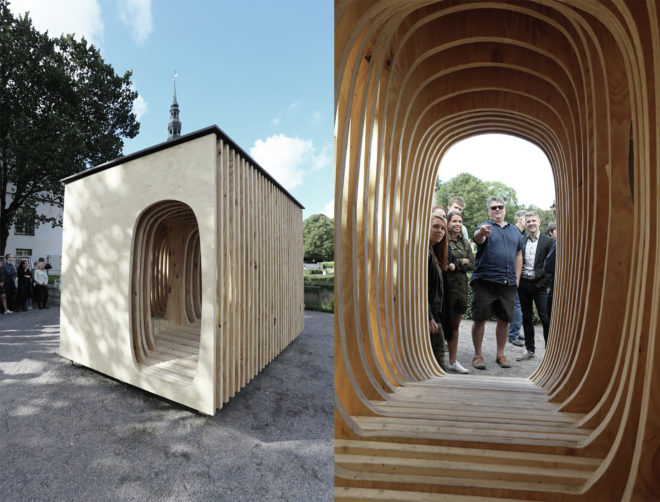 READER shelter in Estonia, READER by Estonian Academy of Arts, READER by Estonian architecture students, Estonian Academy of Arts architecture projects, Estonian Academy of Arts architecture student exhibit, plywood sheet architecture, pine plywood architecture, plywood reading nook