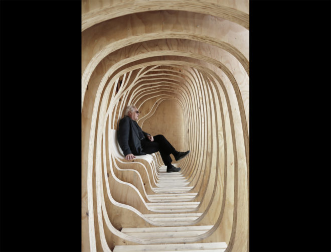 READER shelter in Estonia, READER by Estonian Academy of Arts, READER by Estonian architecture students, Estonian Academy of Arts architecture projects, Estonian Academy of Arts architecture student exhibit, plywood sheet architecture, pine plywood architecture, plywood reading nook