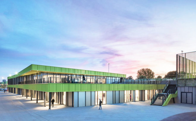 Schiedam Sports Park, Moederscheim Moonen Architects, Lace Fence, Dedots, sports park, the Netherlands, pixelated envelope, concrete, canopy, green architecture, sports facility