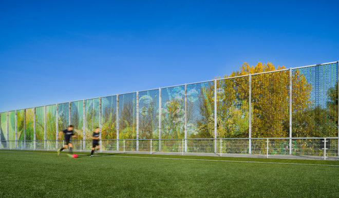 Schiedam Sports Park, Moederscheim Moonen Architects, Lace Fence, Dedots, sports park, the Netherlands, pixelated envelope, concrete, canopy, green architecture, sports facility