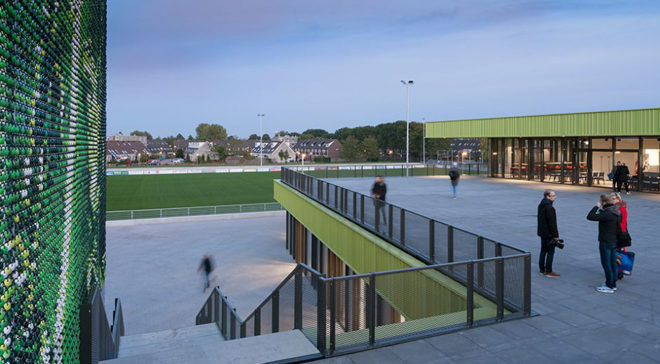 Schiedam Sports Park, Moederscheim Moonen Architects, Lace Fence, Dedots, sports park, the Netherlands, pixelated envelope, concrete, canopy, green architecture, sports facility