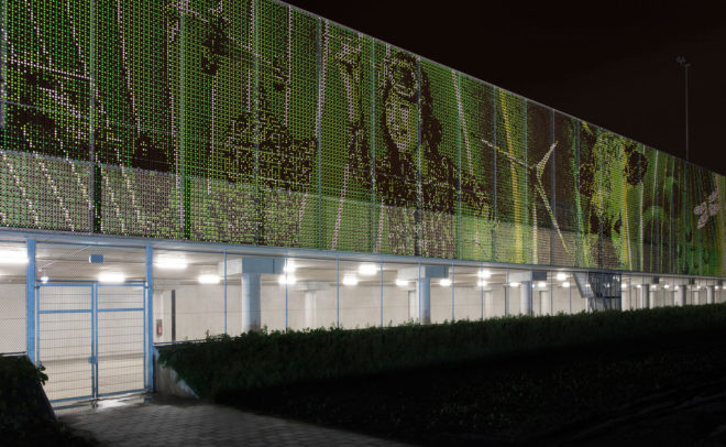 Schiedam Sports Park, Moederscheim Moonen Architects, Lace Fence, Dedots, sports park, the Netherlands, pixelated envelope, concrete, canopy, green architecture, sports facility