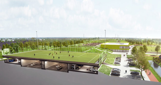 Schiedam Sports Park, Moederscheim Moonen Architects, Lace Fence, Dedots, sports park, the Netherlands, pixelated envelope, concrete, canopy, green architecture, sports facility