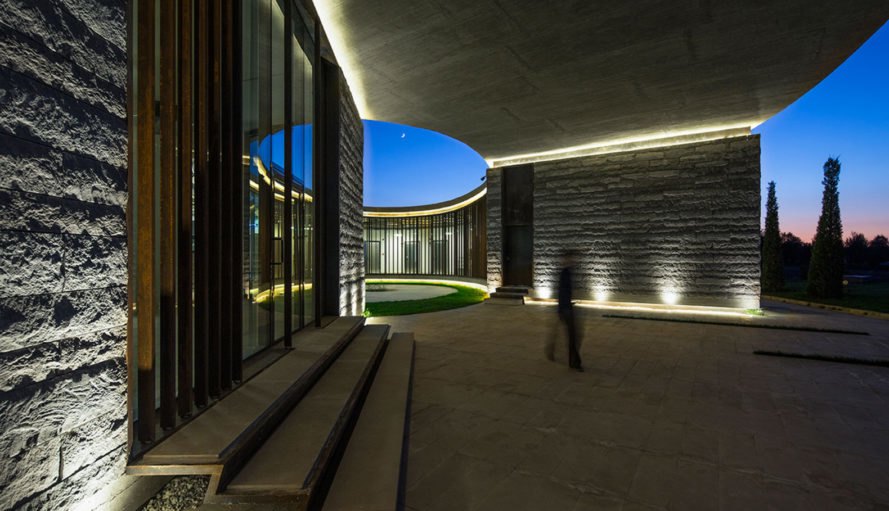 Farm of 38° 30°, Slash Architects, Arkizon Architects, dairy factory, Turkey, showroom, courtyard, natural light, locally sourced materials, natural stone, green architecture, Corten steel