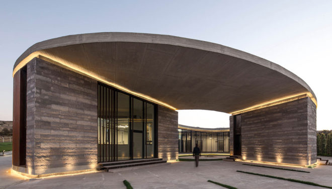 Farm of 38° 30°, Slash Architects, Arkizon Architects, dairy factory, Turkey, showroom, courtyard, natural light, locally sourced materials, natural stone, green architecture, Corten steel
