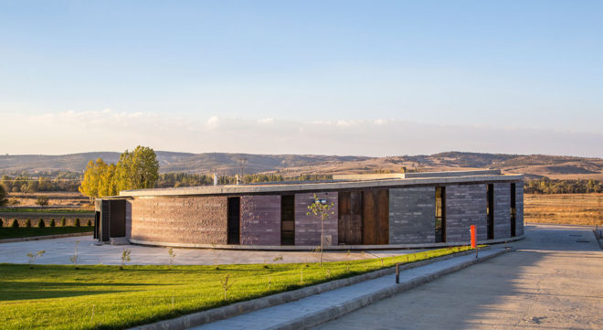 Farm of 38° 30°, Slash Architects, Arkizon Architects, dairy factory, Turkey, showroom, courtyard, natural light, locally sourced materials, natural stone, green architecture, Corten steel